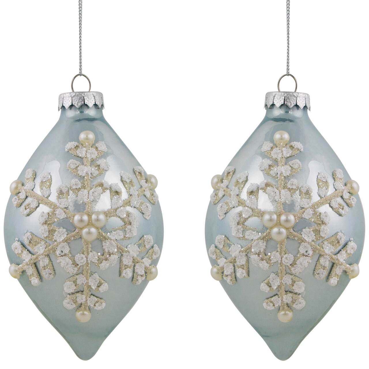 Northlight Set of 2 Shiny Artic Blue Textured Snowflakes Finial Christmas Glass Ornaments 5"